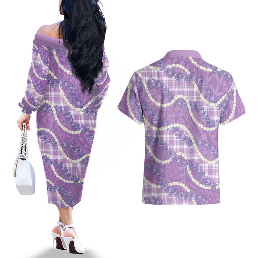 Purple Hawaii Palaka Honohono Pikake Couples Matching Off The Shoulder Long Sleeve Dress and Hawaiian Shirt Hawaiian Orchid Lei Polynesian Pattern LT14 - Polynesian Pride