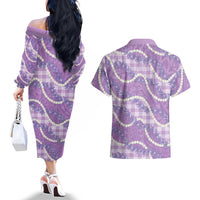 Purple Hawaii Palaka Honohono Pikake Couples Matching Off The Shoulder Long Sleeve Dress and Hawaiian Shirt Hawaiian Orchid Lei Polynesian Pattern LT14 - Polynesian Pride