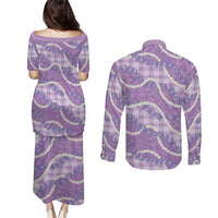 Purple Hawaii Palaka Honohono Pikake Couples Matching Puletasi and Long Sleeve Button Shirt Hawaiian Orchid Lei Polynesian Pattern LT14 - Polynesian Pride
