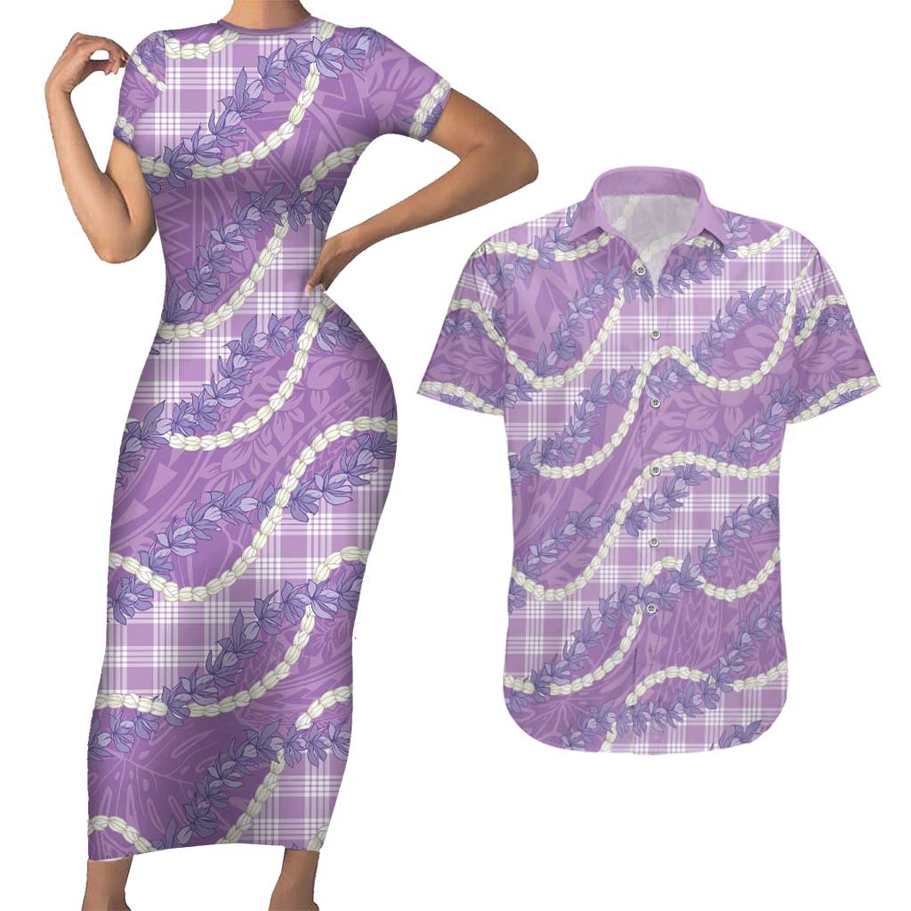 Purple Hawaii Palaka Honohono Pikake Couples Matching Short Sleeve Bodycon Dress and Hawaiian Shirt Hawaiian Orchid Lei Polynesian Pattern - Polynesian Pride