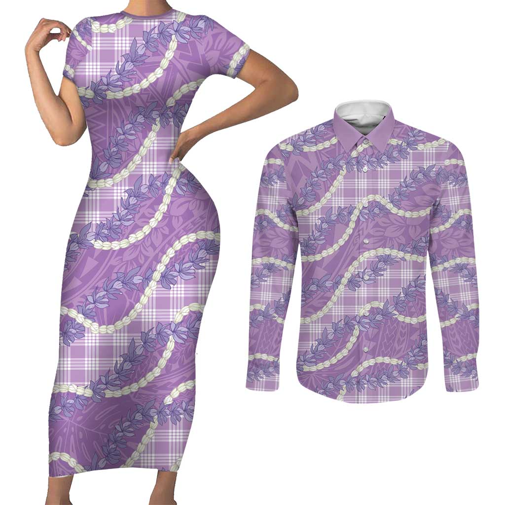 Purple Hawaii Palaka Honohono Pikake Couples Matching Short Sleeve Bodycon Dress and Long Sleeve Button Shirt Hawaiian Orchid Lei Polynesian Pattern LT14 Purple - Polynesian Pride