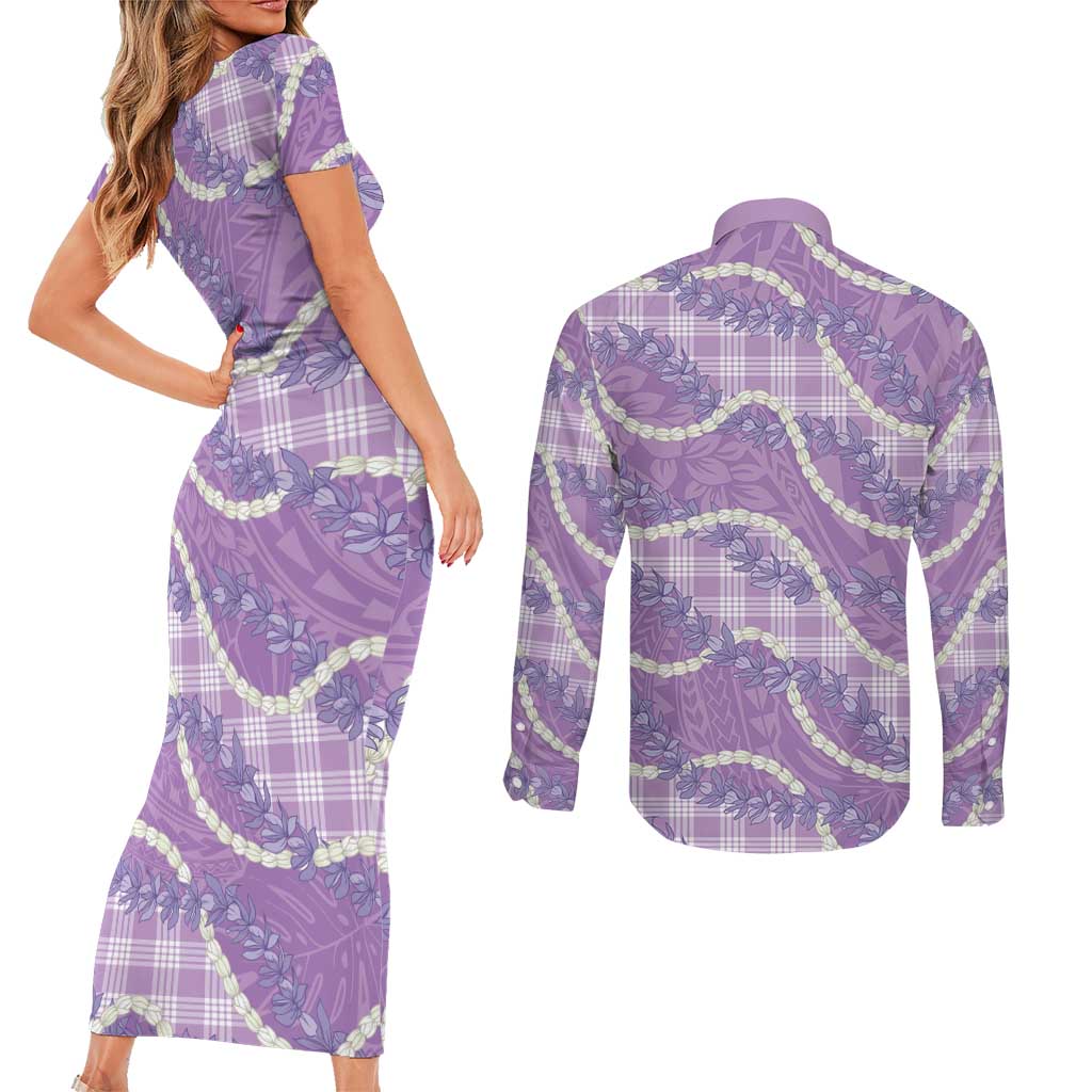 Purple Hawaii Palaka Honohono Pikake Couples Matching Short Sleeve Bodycon Dress and Long Sleeve Button Shirt Hawaiian Orchid Lei Polynesian Pattern LT14 - Polynesian Pride