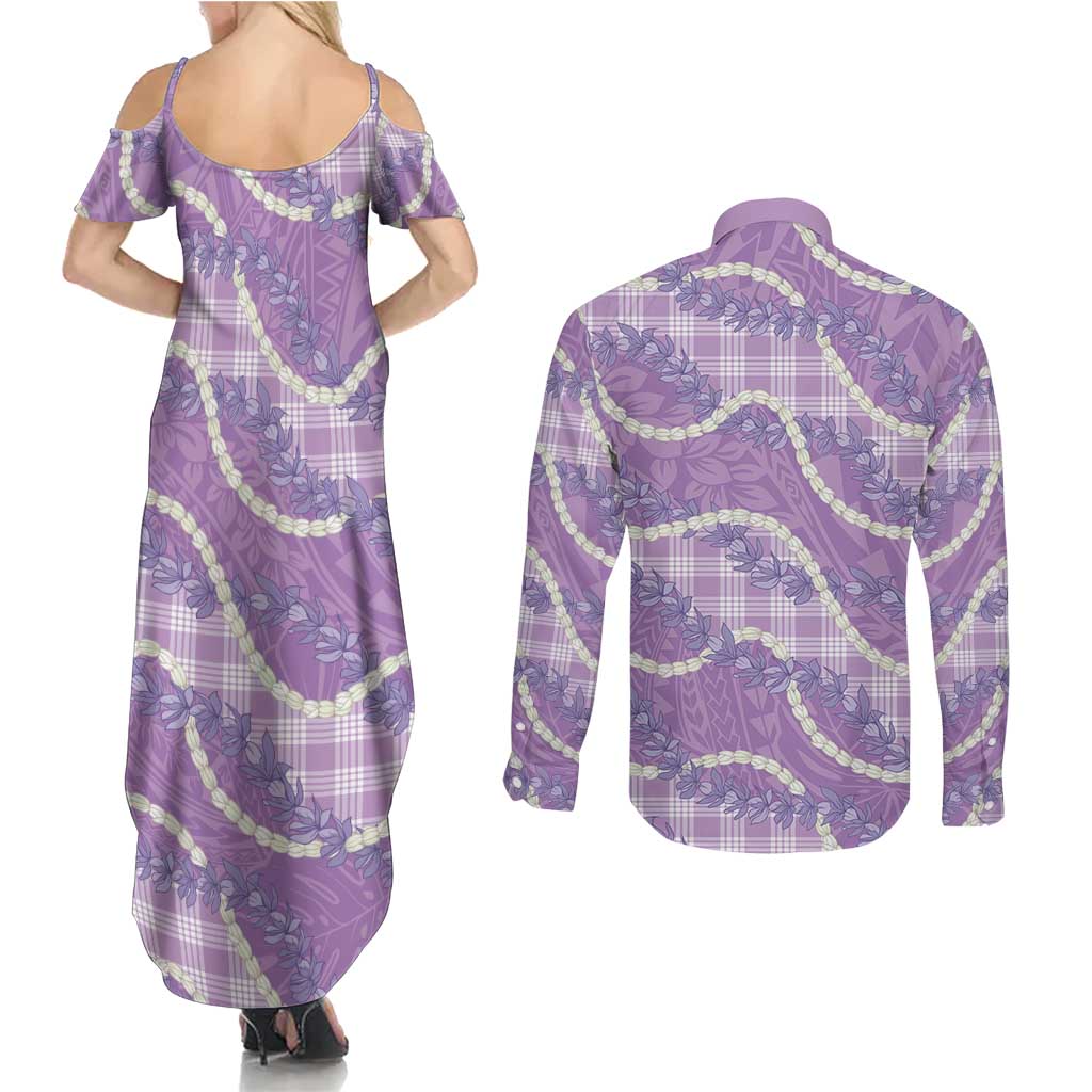 Purple Hawaii Palaka Honohono Pikake Couples Matching Summer Maxi Dress and Long Sleeve Button Shirt Hawaiian Orchid Lei Polynesian Pattern LT14 - Polynesian Pride
