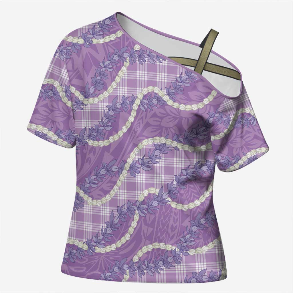 Purple Hawaii Palaka Honohono Pikake Cross Shoulder Shirt Hawaiian Orchid Lei Polynesian Pattern - Polynesian Pride