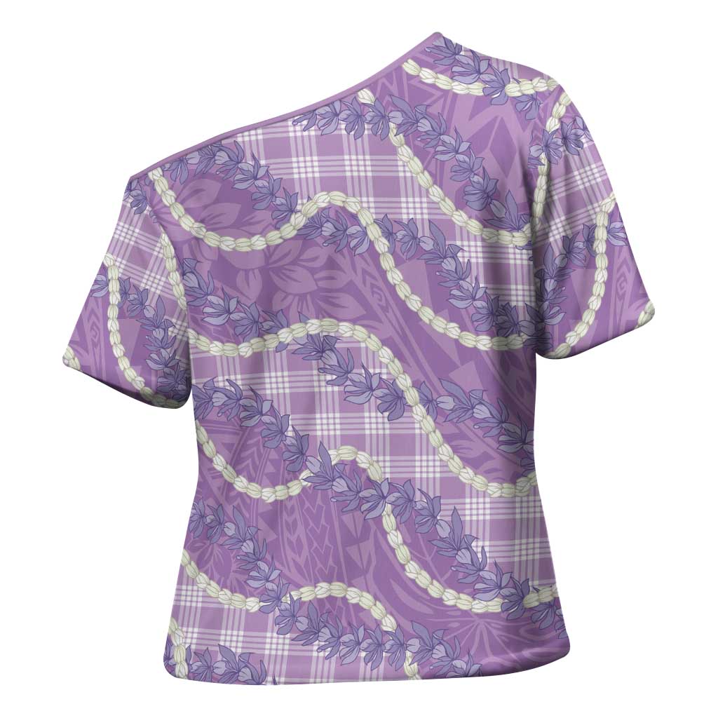 Purple Hawaii Palaka Honohono Pikake Cross Shoulder Shirt Hawaiian Orchid Lei Polynesian Pattern - Polynesian Pride