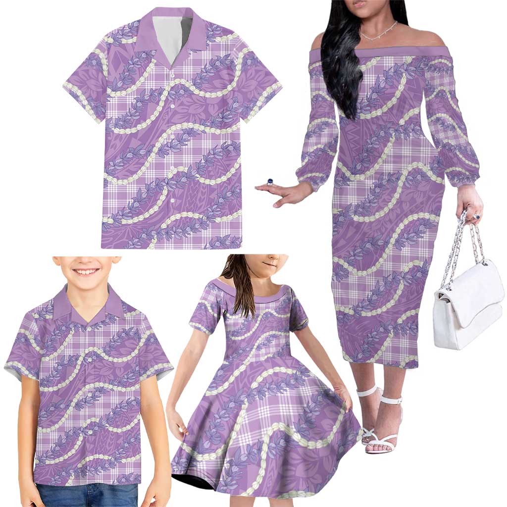 Purple Hawaii Palaka Honohono Pikake Family Matching Off The Shoulder Long Sleeve Dress and Hawaiian Shirt Hawaiian Orchid Lei Polynesian Pattern - Polynesian Pride