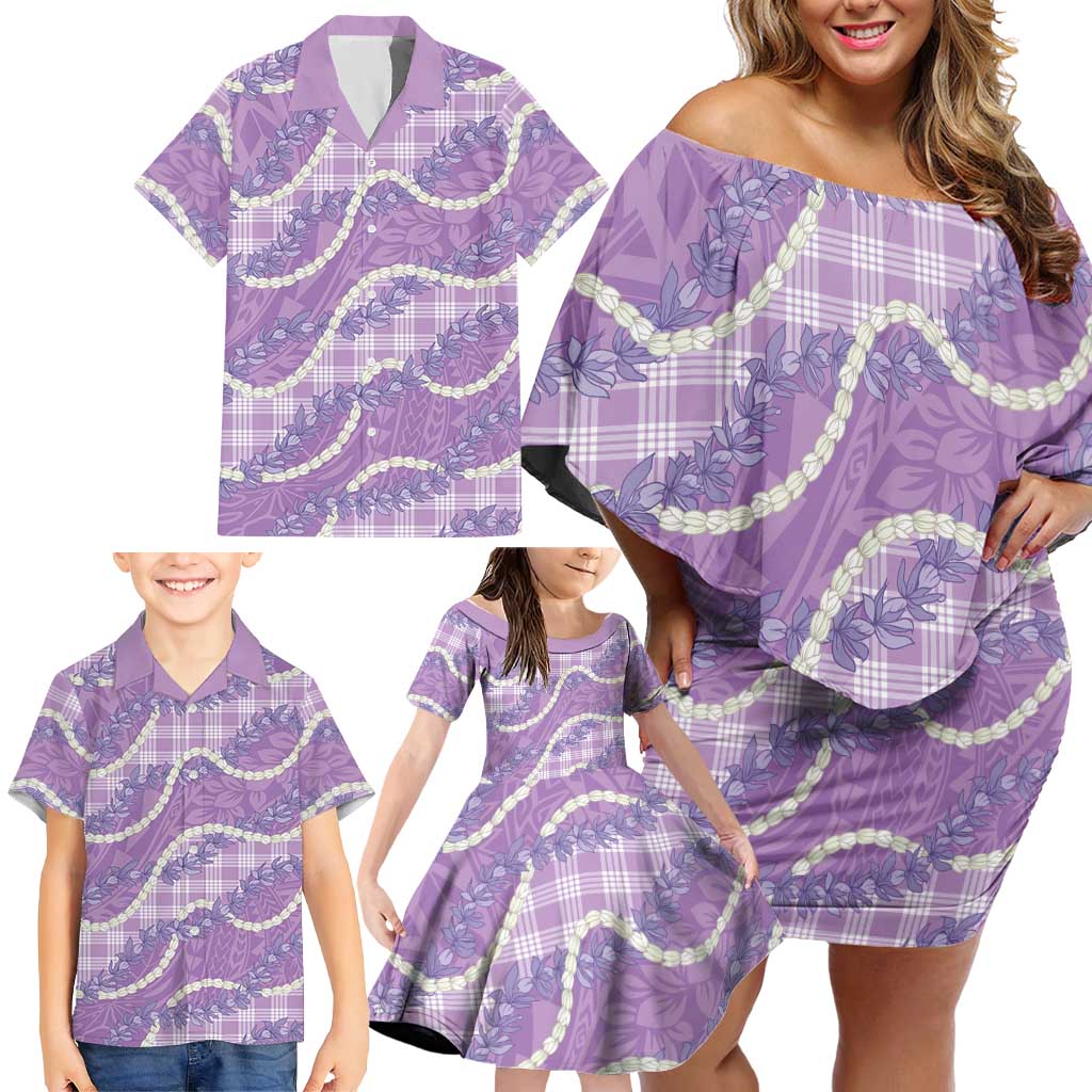 Purple Hawaii Palaka Honohono Pikake Family Matching Off Shoulder Short Dress and Hawaiian Shirt Hawaiian Orchid Lei Polynesian Pattern - Polynesian Pride