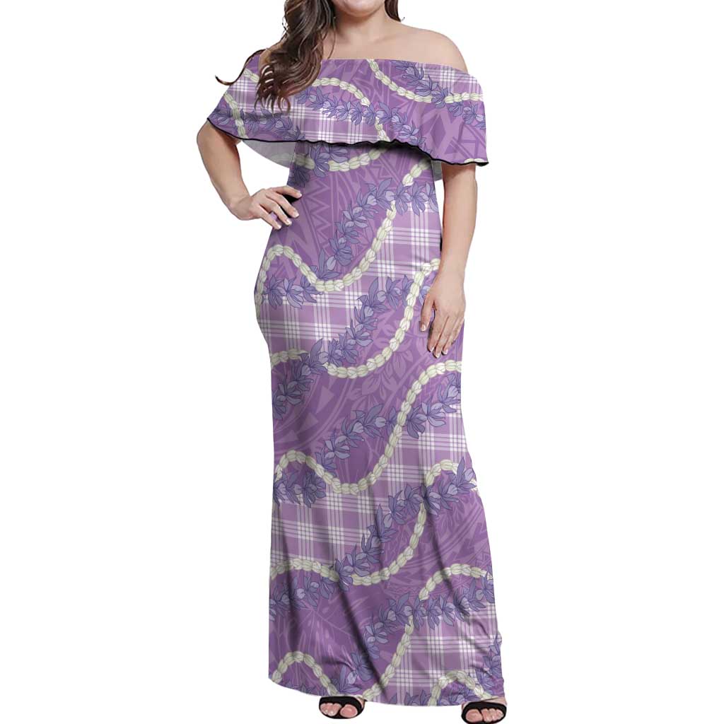 Purple Hawaii Palaka Honohono Pikake Off Shoulder Maxi Dress Hawaiian Orchid Lei Polynesian Pattern LT14 Women Purple - Polynesian Pride