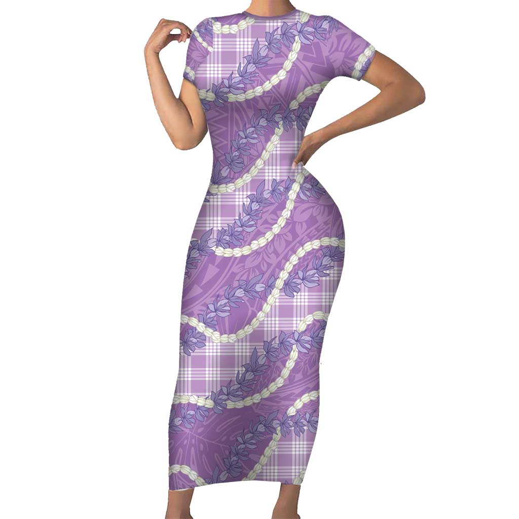 Purple Hawaii Palaka Honohono Pikake Short Sleeve Bodycon Dress Hawaiian Orchid Lei Polynesian Pattern - Polynesian Pride