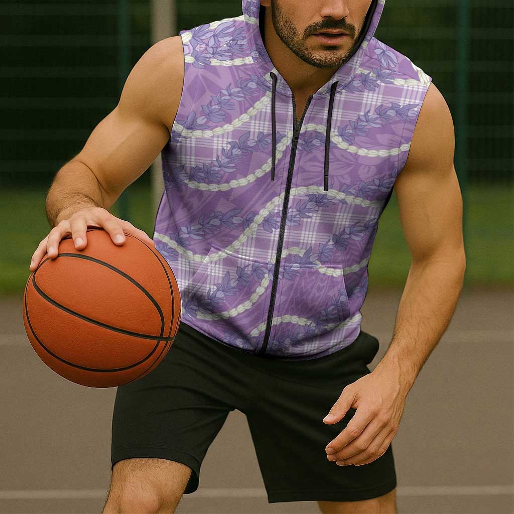 Purple Hawaii Palaka Honohono Pikake Sleeveless Zip Hoodie Hawaiian Orchid Lei Polynesian Pattern LT14 - Polynesian Pride