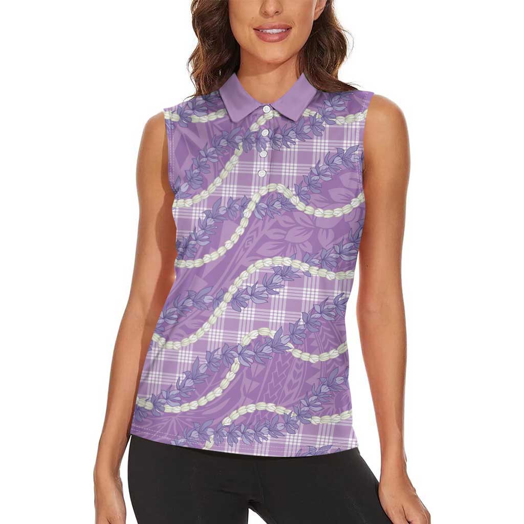 Purple Hawaii Palaka Honohono Pikake Women Sleeveless Polo Shirt Hawaiian Orchid Lei Polynesian Pattern LT14 - Polynesian Pride
