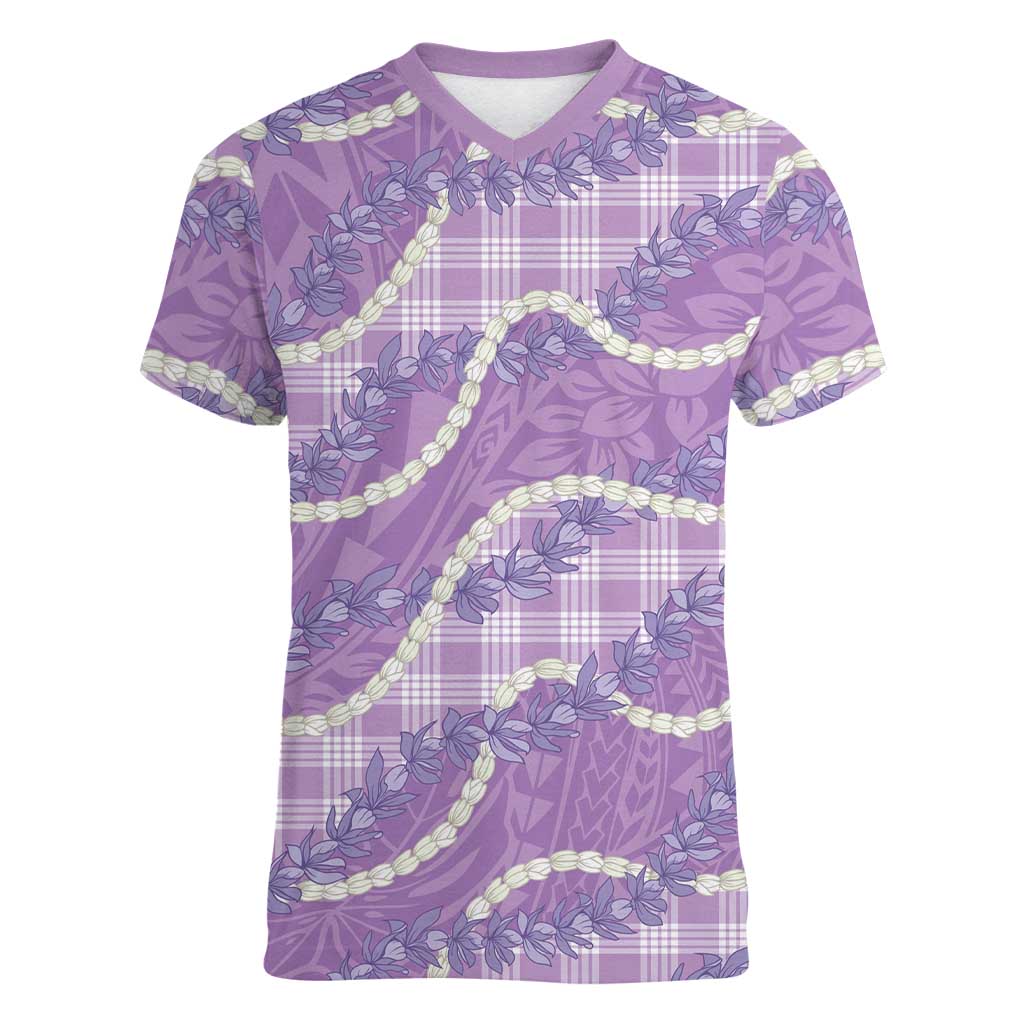 Purple Hawaii Palaka Honohono Pikake Women V-Neck T-Shirt Hawaiian Orchid Lei Polynesian Pattern LT14 Female Purple - Polynesian Pride