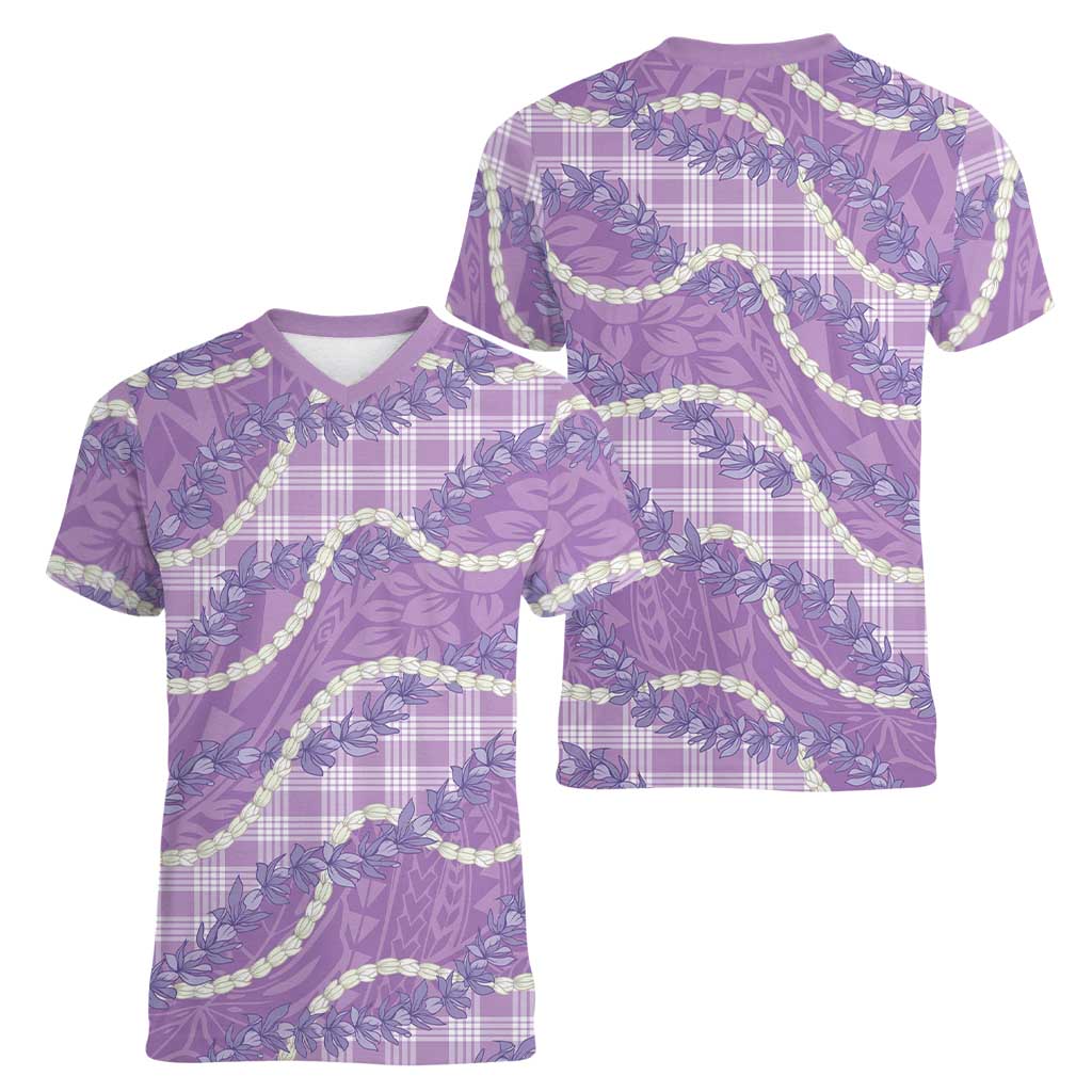 Purple Hawaii Palaka Honohono Pikake Women V-Neck T-Shirt Hawaiian Orchid Lei Polynesian Pattern LT14 - Polynesian Pride