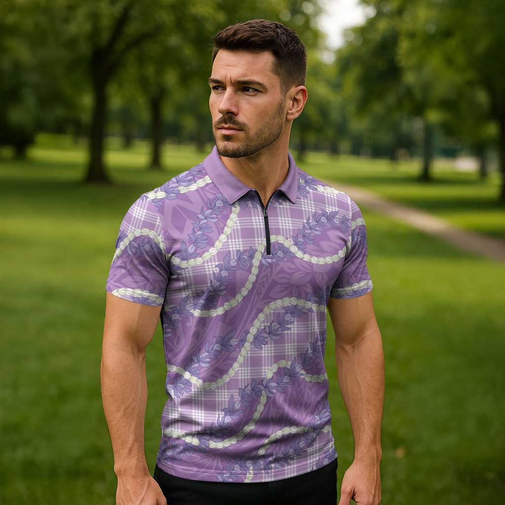 Purple Hawaii Palaka Honohono Pikake Zipper Polo Shirt Hawaiian Orchid Lei Polynesian Pattern LT14 - Polynesian Pride