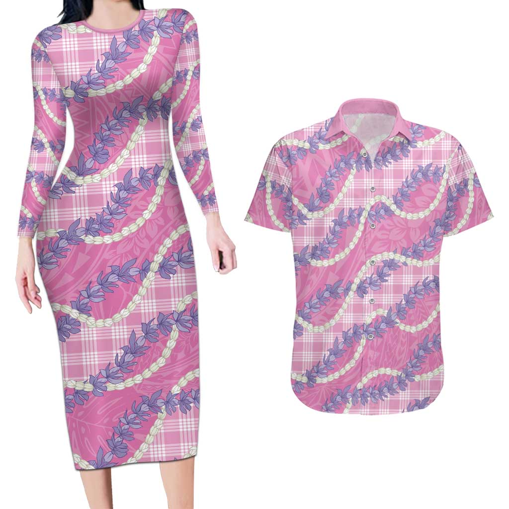 Pink Hawaii Palaka Honohono Pikake Couples Matching Long Sleeve Bodycon Dress and Hawaiian Shirt Hawaiian Orchid Lei Polynesian Pattern LT14 Pink - Polynesian Pride