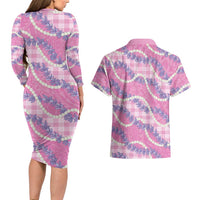 Pink Hawaii Palaka Honohono Pikake Couples Matching Long Sleeve Bodycon Dress and Hawaiian Shirt Hawaiian Orchid Lei Polynesian Pattern LT14 - Polynesian Pride