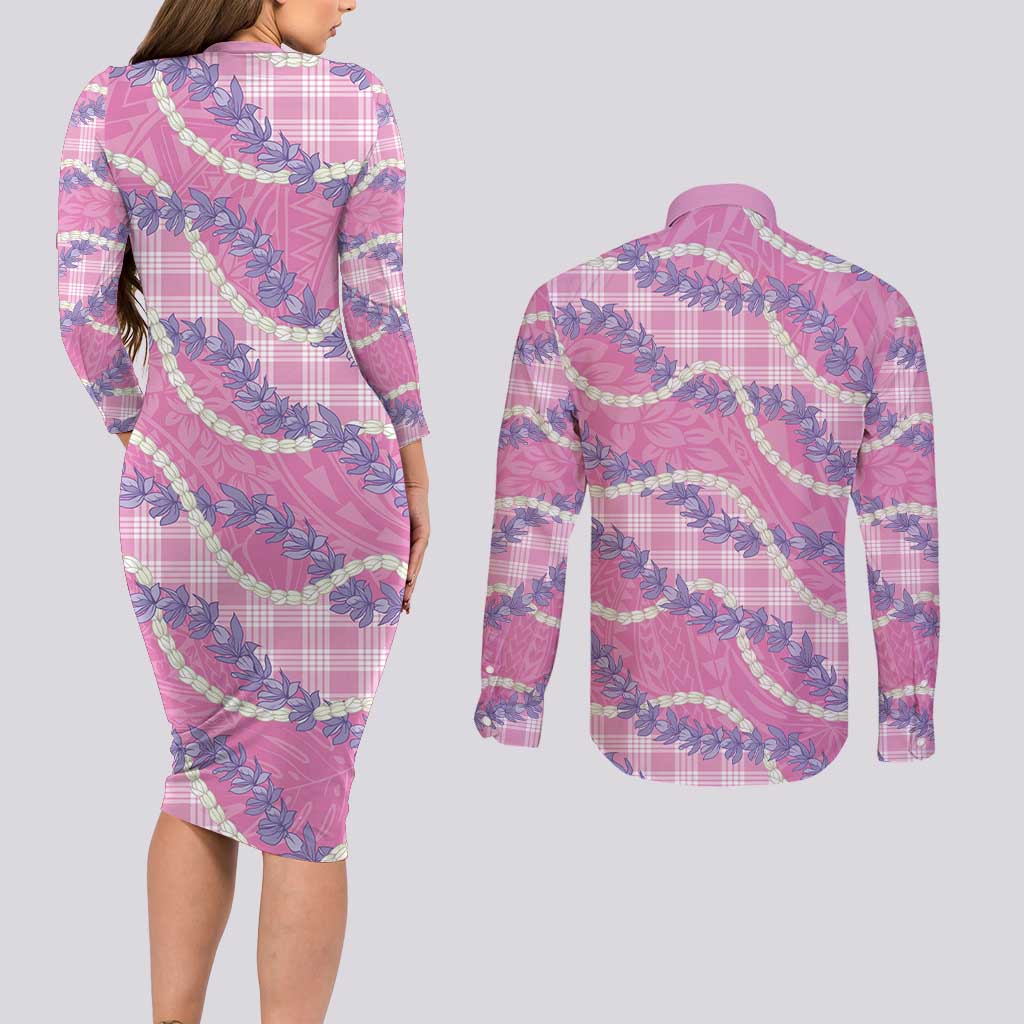 Pink Hawaii Palaka Honohono Pikake Couples Matching Long Sleeve Bodycon Dress and Long Sleeve Button Shirt Hawaiian Orchid Lei Polynesian Pattern LT14 - Polynesian Pride
