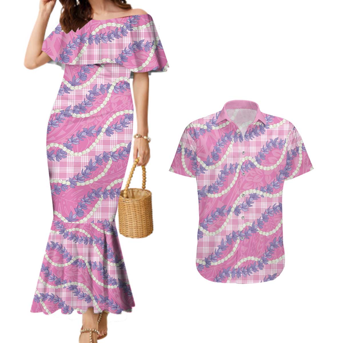 Pink Hawaii Palaka Honohono Pikake Couples Matching Mermaid Dress and Hawaiian Shirt Hawaiian Orchid Lei Polynesian Pattern - Polynesian Pride
