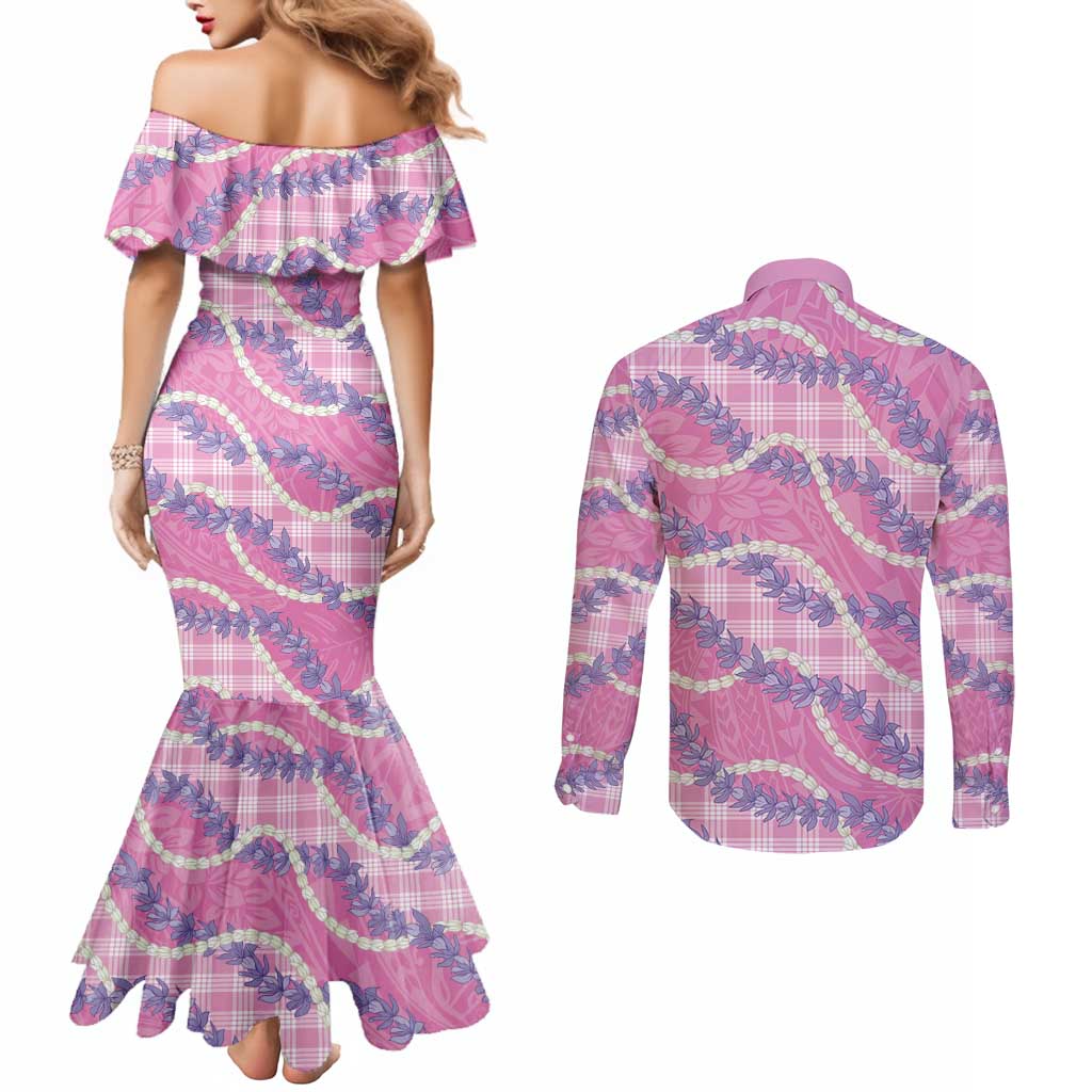 Pink Hawaii Palaka Honohono Pikake Couples Matching Mermaid Dress and Long Sleeve Button Shirt Hawaiian Orchid Lei Polynesian Pattern LT14 - Polynesian Pride