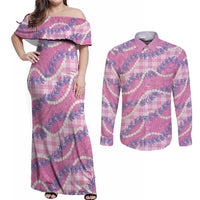 Pink Hawaii Palaka Honohono Pikake Couples Matching Off Shoulder Maxi Dress and Long Sleeve Button Shirt Hawaiian Orchid Lei Polynesian Pattern LT14 Pink - Polynesian Pride