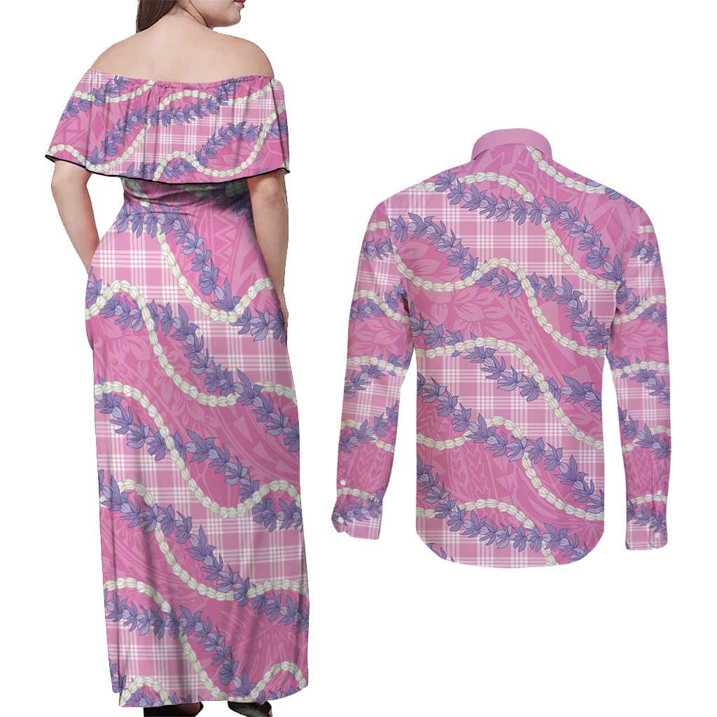 Pink Hawaii Palaka Honohono Pikake Couples Matching Off Shoulder Maxi Dress and Long Sleeve Button Shirt Hawaiian Orchid Lei Polynesian Pattern LT14 - Polynesian Pride