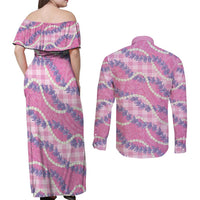 Pink Hawaii Palaka Honohono Pikake Couples Matching Off Shoulder Maxi Dress and Long Sleeve Button Shirt Hawaiian Orchid Lei Polynesian Pattern LT14 - Polynesian Pride