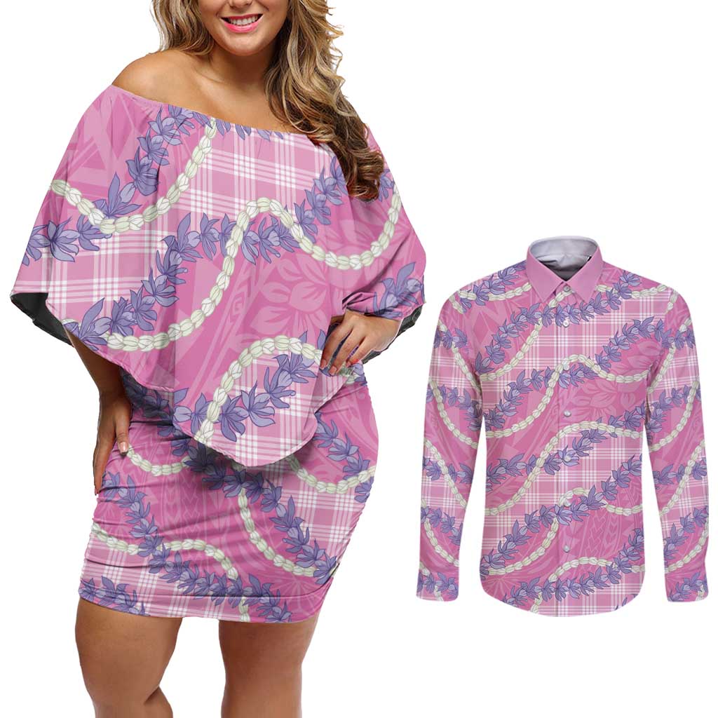 Pink Hawaii Palaka Honohono Pikake Couples Matching Off Shoulder Short Dress and Long Sleeve Button Shirt Hawaiian Orchid Lei Polynesian Pattern LT14 Pink - Polynesian Pride