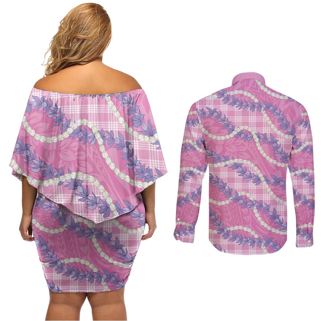 Pink Hawaii Palaka Honohono Pikake Couples Matching Off Shoulder Short Dress and Long Sleeve Button Shirt Hawaiian Orchid Lei Polynesian Pattern LT14 - Polynesian Pride