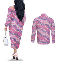 Pink Hawaii Palaka Honohono Pikake Couples Matching Off The Shoulder Long Sleeve Dress and Long Sleeve Button Shirt Hawaiian Orchid Lei Polynesian Pattern LT14 - Polynesian Pride