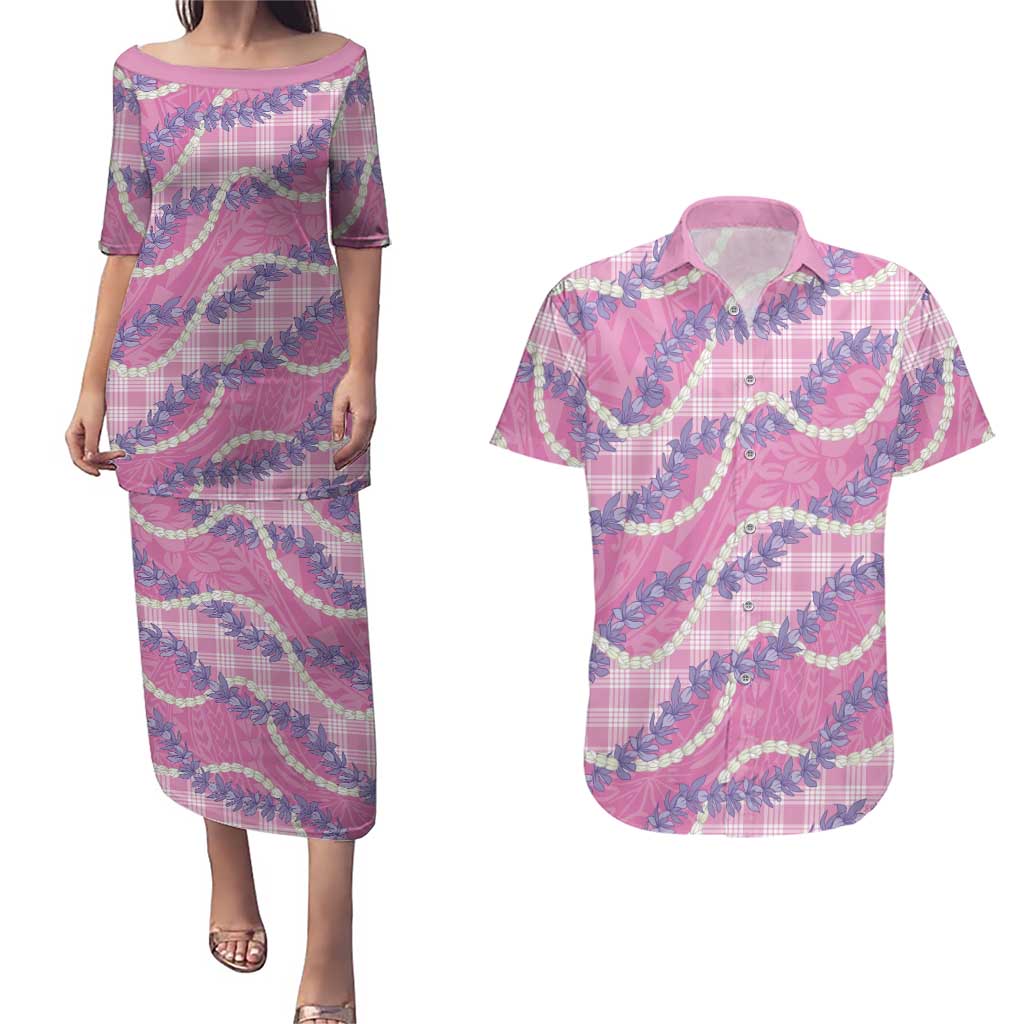 Pink Hawaii Palaka Honohono Pikake Couples Matching Puletasi and Hawaiian Shirt Hawaiian Orchid Lei Polynesian Pattern - Polynesian Pride