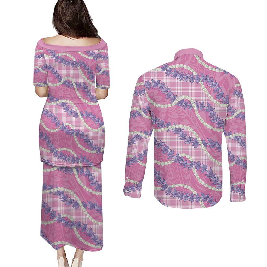 Pink Hawaii Palaka Honohono Pikake Couples Matching Puletasi and Long Sleeve Button Shirt Hawaiian Orchid Lei Polynesian Pattern LT14 - Polynesian Pride