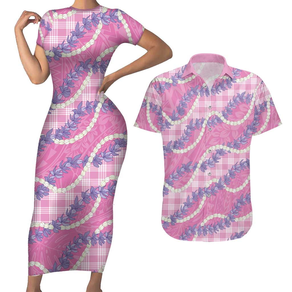 Pink Hawaii Palaka Honohono Pikake Couples Matching Short Sleeve Bodycon Dress and Hawaiian Shirt Hawaiian Orchid Lei Polynesian Pattern LT14 Pink - Polynesian Pride