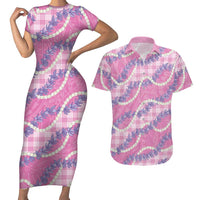 Pink Hawaii Palaka Honohono Pikake Couples Matching Short Sleeve Bodycon Dress and Hawaiian Shirt Hawaiian Orchid Lei Polynesian Pattern LT14 Pink - Polynesian Pride