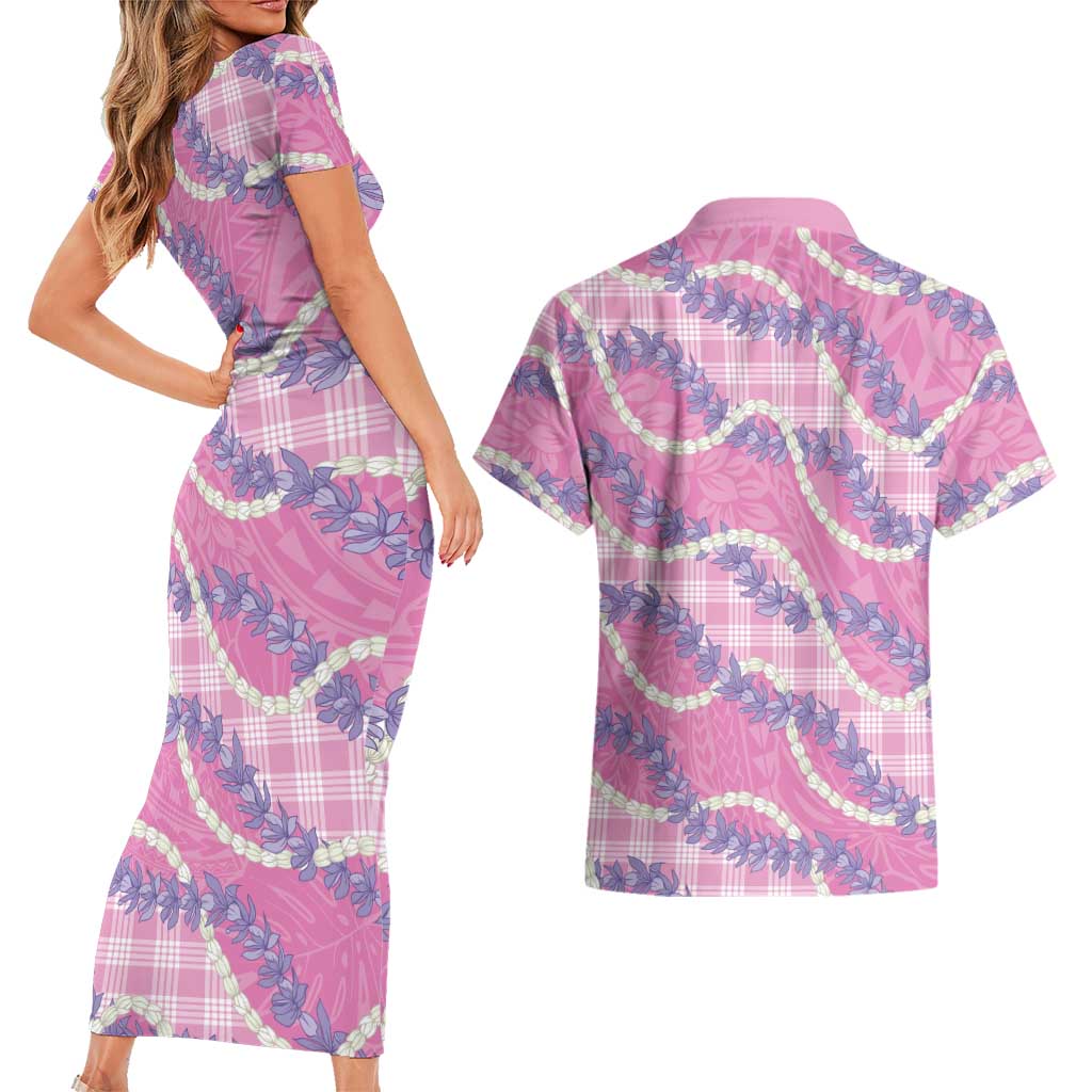 Pink Hawaii Palaka Honohono Pikake Couples Matching Short Sleeve Bodycon Dress and Hawaiian Shirt Hawaiian Orchid Lei Polynesian Pattern LT14 - Polynesian Pride