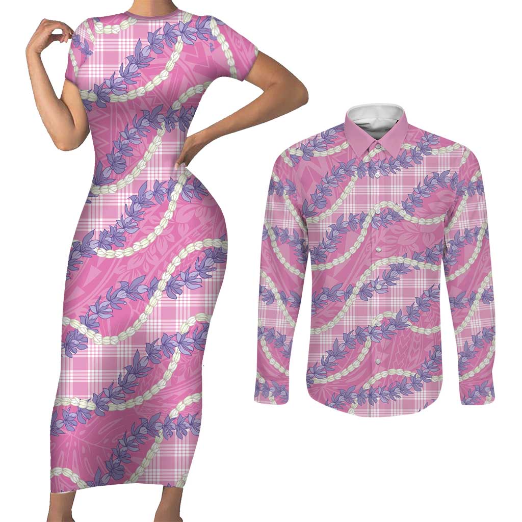 Pink Hawaii Palaka Honohono Pikake Couples Matching Short Sleeve Bodycon Dress and Long Sleeve Button Shirt Hawaiian Orchid Lei Polynesian Pattern LT14 Pink - Polynesian Pride