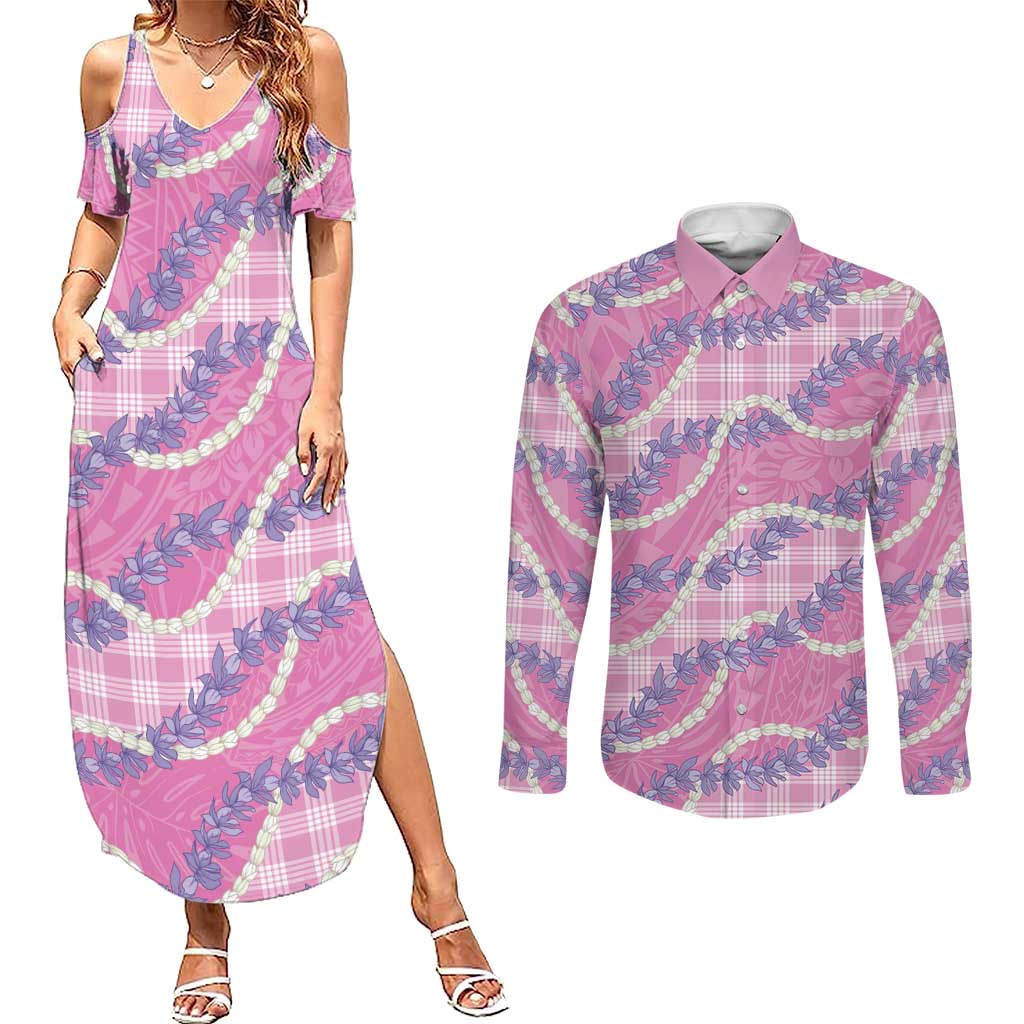 Pink Hawaii Palaka Honohono Pikake Couples Matching Summer Maxi Dress and Long Sleeve Button Shirt Hawaiian Orchid Lei Polynesian Pattern - Polynesian Pride