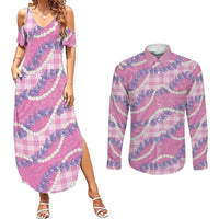 Pink Hawaii Palaka Honohono Pikake Couples Matching Summer Maxi Dress and Long Sleeve Button Shirt Hawaiian Orchid Lei Polynesian Pattern LT14 Pink - Polynesian Pride