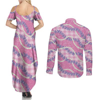 Pink Hawaii Palaka Honohono Pikake Couples Matching Summer Maxi Dress and Long Sleeve Button Shirt Hawaiian Orchid Lei Polynesian Pattern LT14 - Polynesian Pride