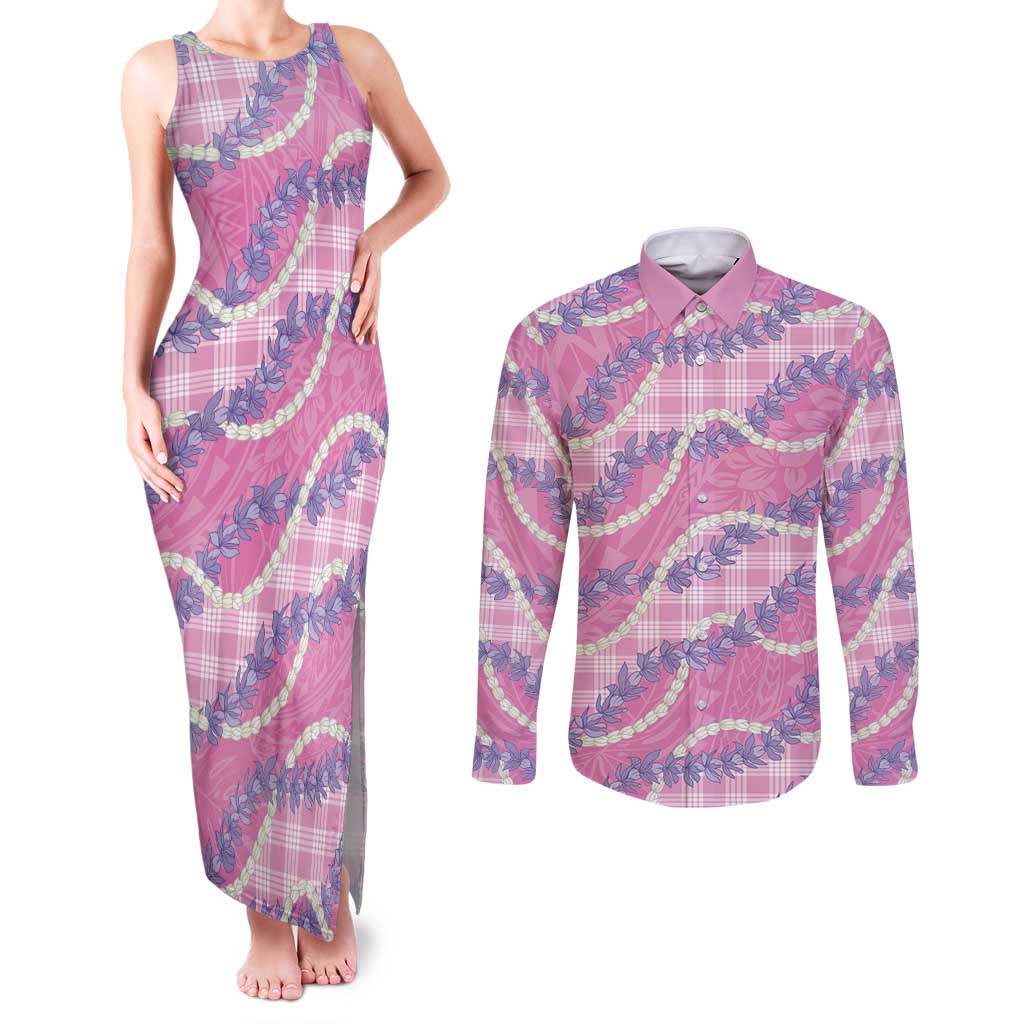 Pink Hawaii Palaka Honohono Pikake Couples Matching Tank Maxi Dress and Long Sleeve Button Shirt Hawaiian Orchid Lei Polynesian Pattern LT14 Pink - Polynesian Pride