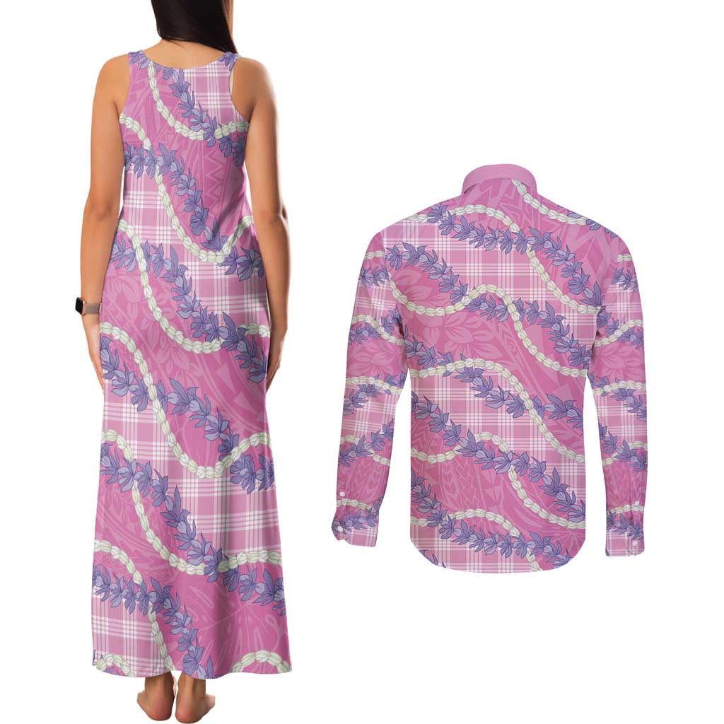 Pink Hawaii Palaka Honohono Pikake Couples Matching Tank Maxi Dress and Long Sleeve Button Shirt Hawaiian Orchid Lei Polynesian Pattern LT14 - Polynesian Pride
