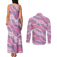 Pink Hawaii Palaka Honohono Pikake Couples Matching Tank Maxi Dress and Long Sleeve Button Shirt Hawaiian Orchid Lei Polynesian Pattern LT14 - Polynesian Pride