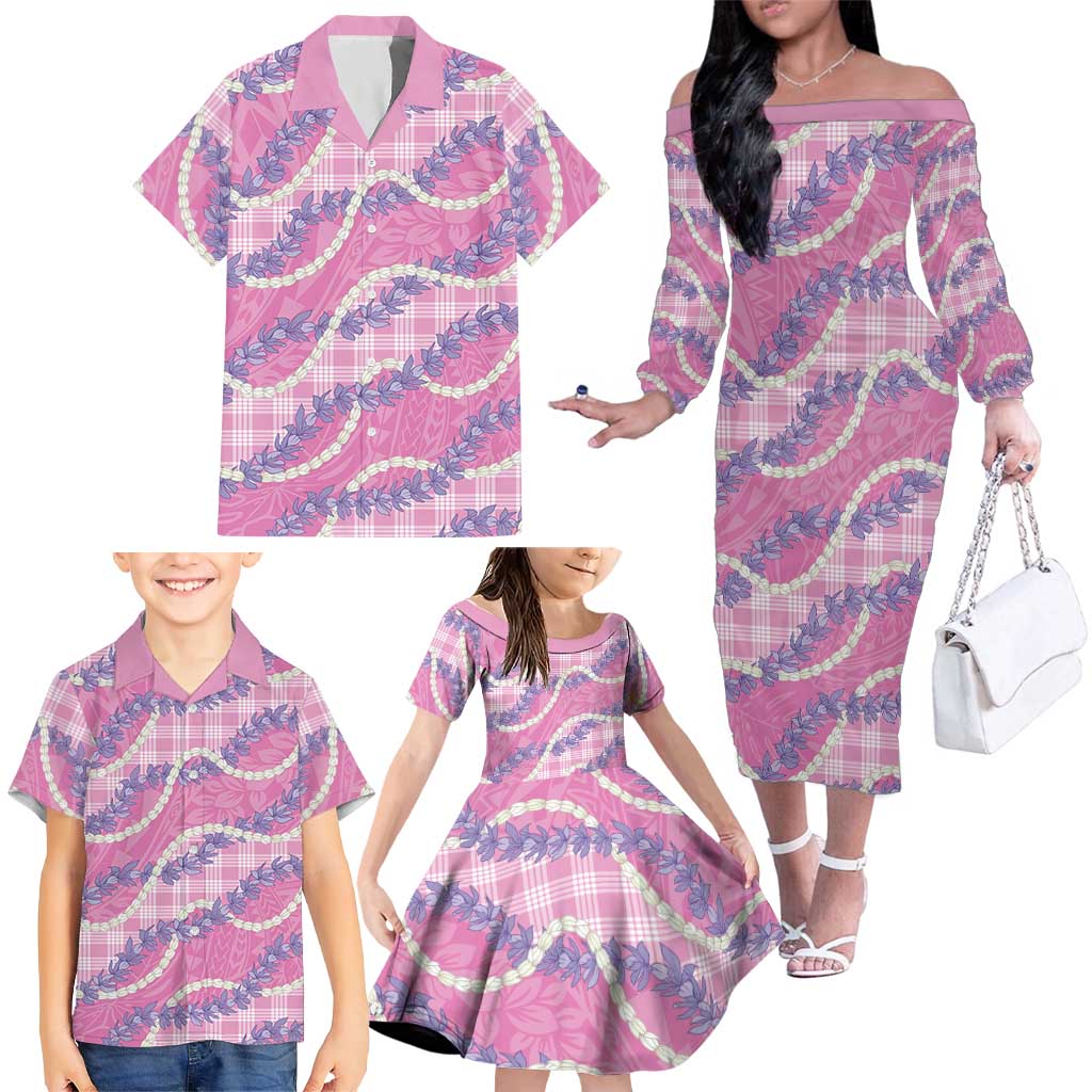 Pink Hawaii Palaka Honohono Pikake Family Matching Off The Shoulder Long Sleeve Dress and Hawaiian Shirt Hawaiian Orchid Lei Polynesian Pattern LT14 - Polynesian Pride