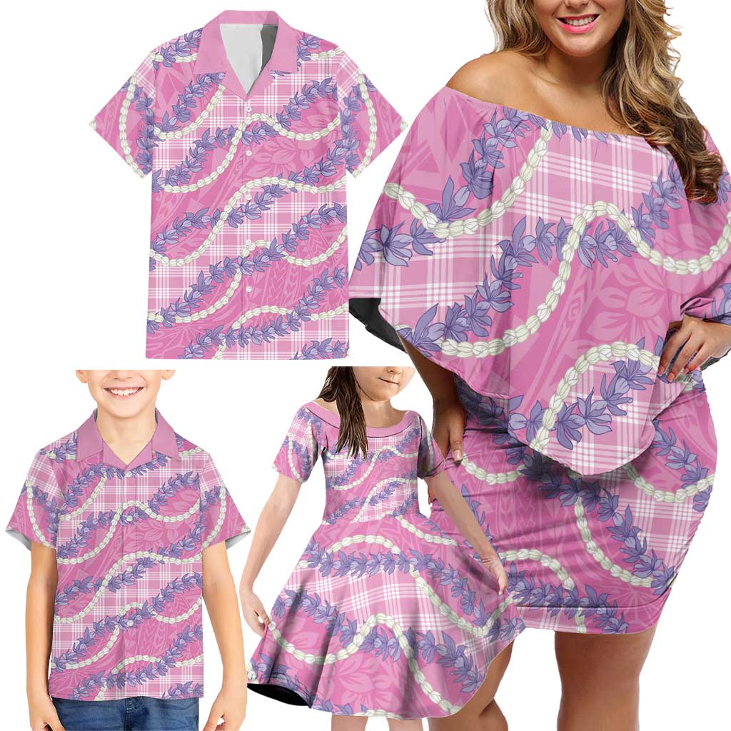 Pink Hawaii Palaka Honohono Pikake Family Matching Off Shoulder Short Dress and Hawaiian Shirt Hawaiian Orchid Lei Polynesian Pattern - Polynesian Pride