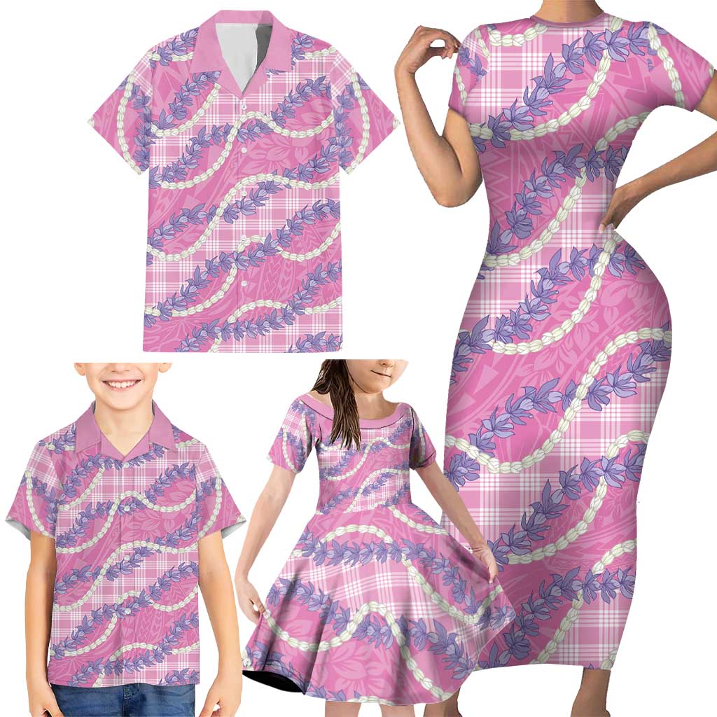 Pink Hawaii Palaka Honohono Pikake Family Matching Short Sleeve Bodycon Dress and Hawaiian Shirt Hawaiian Orchid Lei Polynesian Pattern - Polynesian Pride