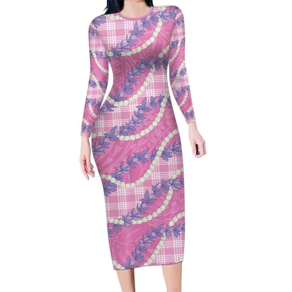 Pink Hawaii Palaka Honohono Pikake Long Sleeve Bodycon Dress Hawaiian Orchid Lei Polynesian Pattern LT14 Long Dress Pink - Polynesian Pride