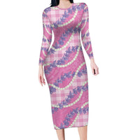 Pink Hawaii Palaka Honohono Pikake Long Sleeve Bodycon Dress Hawaiian Orchid Lei Polynesian Pattern LT14 Long Dress Pink - Polynesian Pride