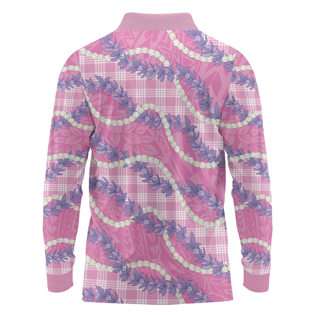 Pink Hawaii Palaka Honohono Pikake Long Sleeve Polo Shirt Hawaiian Orchid Lei Polynesian Pattern LT14 - Polynesian Pride
