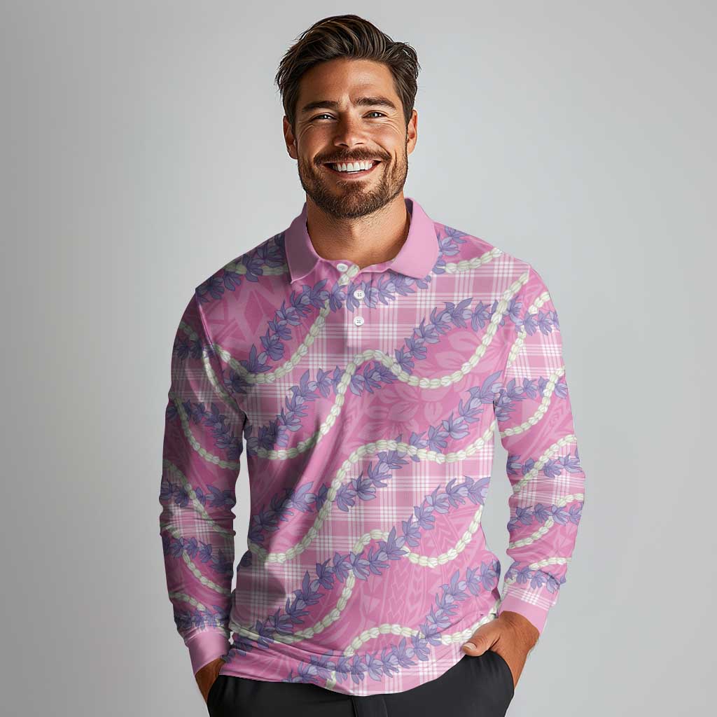 Pink Hawaii Palaka Honohono Pikake Long Sleeve Polo Shirt Hawaiian Orchid Lei Polynesian Pattern LT14 - Polynesian Pride