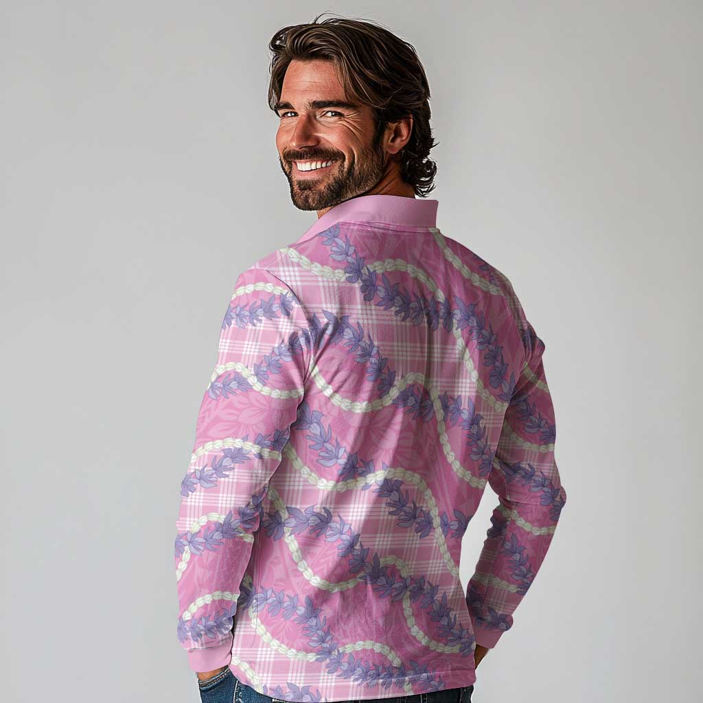 Pink Hawaii Palaka Honohono Pikake Long Sleeve Polo Shirt Hawaiian Orchid Lei Polynesian Pattern LT14 - Polynesian Pride
