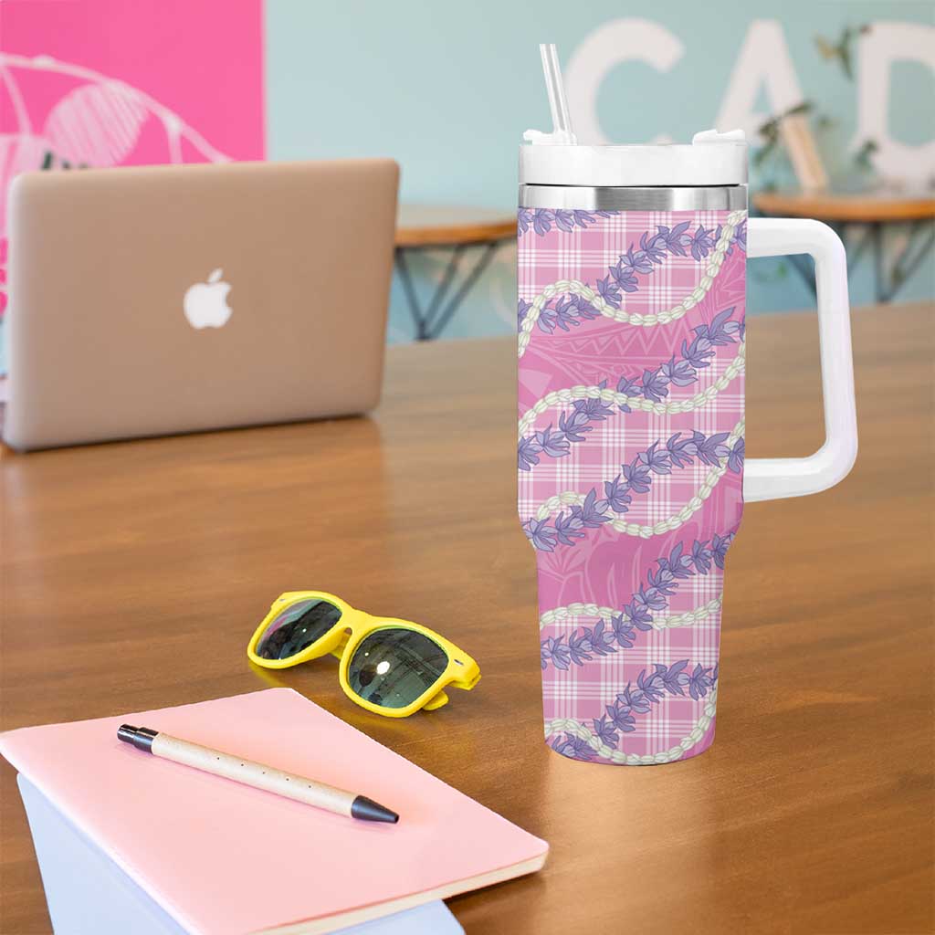 Pink Hawaii Palaka Honohono Pikake Tumbler With Handle Hawaiian Orchid Lei Polynesian Pattern - Polynesian Pride